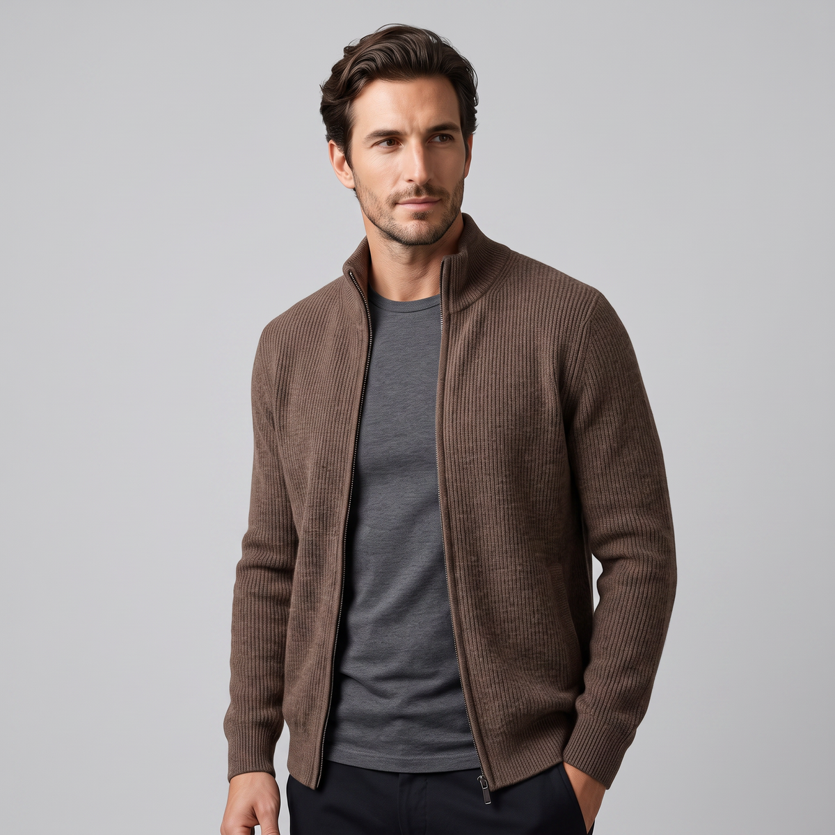 Men's Ribbed Knit Full-Zip Cardigan Relaxed Fit Long Sleeve Casual Layering
