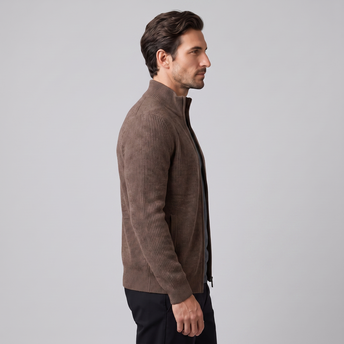 Men's Ribbed Knit Full-Zip Cardigan Relaxed Fit Long Sleeve Casual Layering