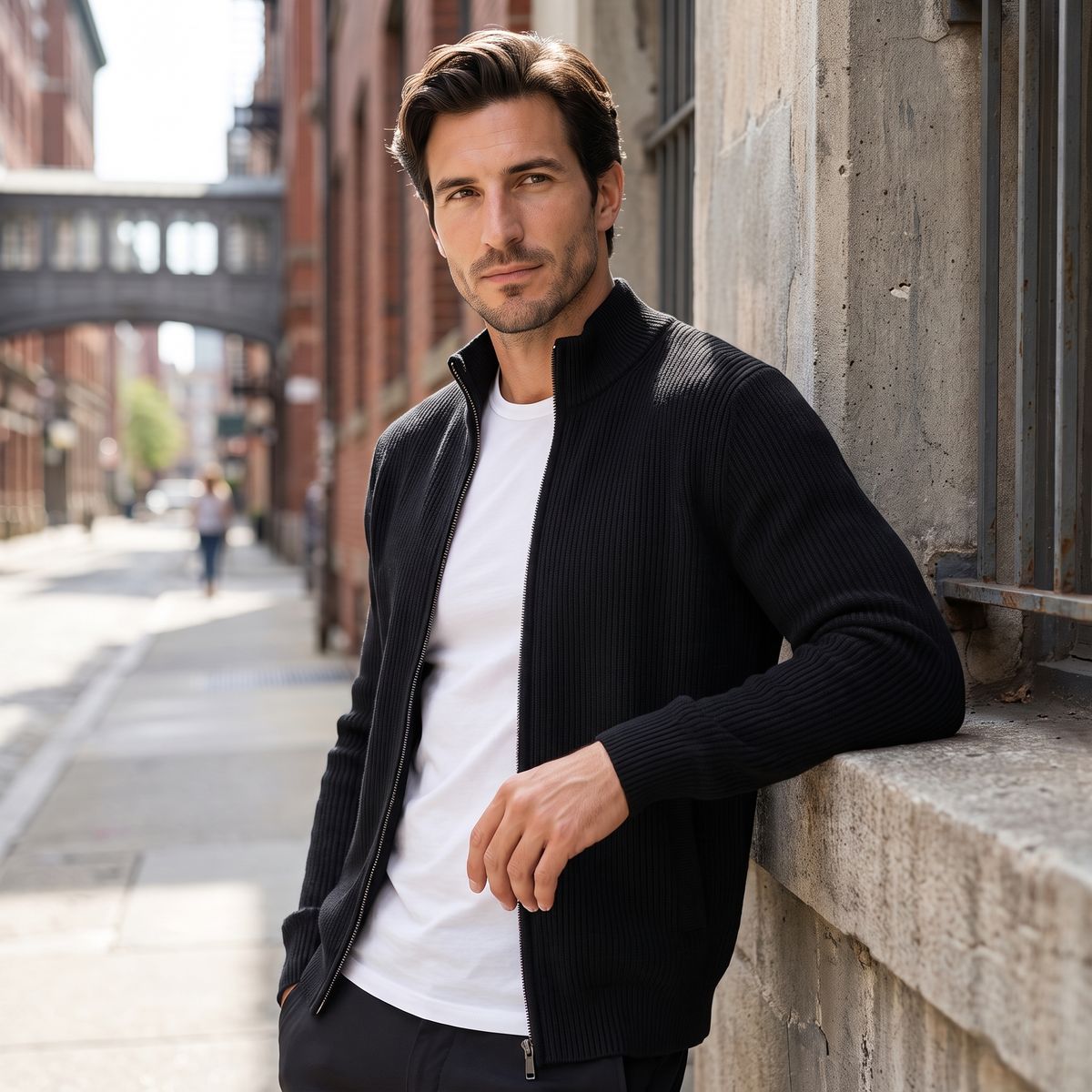 Men's Ribbed Knit Full-Zip Cardigan Relaxed Fit Long Sleeve Casual Layering