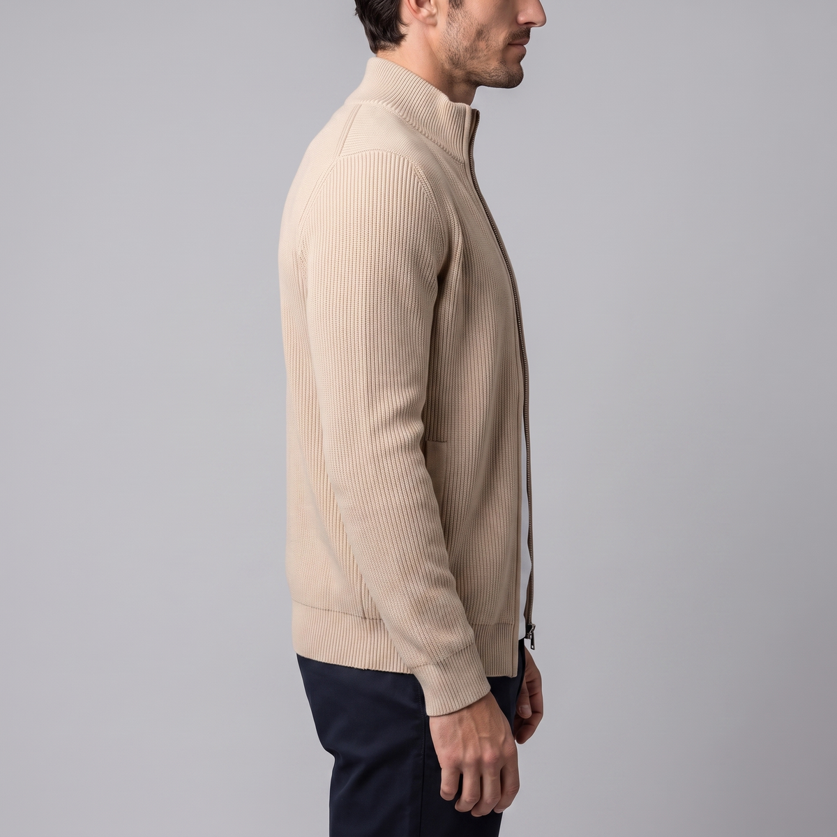 Men's Ribbed Knit Full-Zip Cardigan Relaxed Fit Long Sleeve Casual Layering