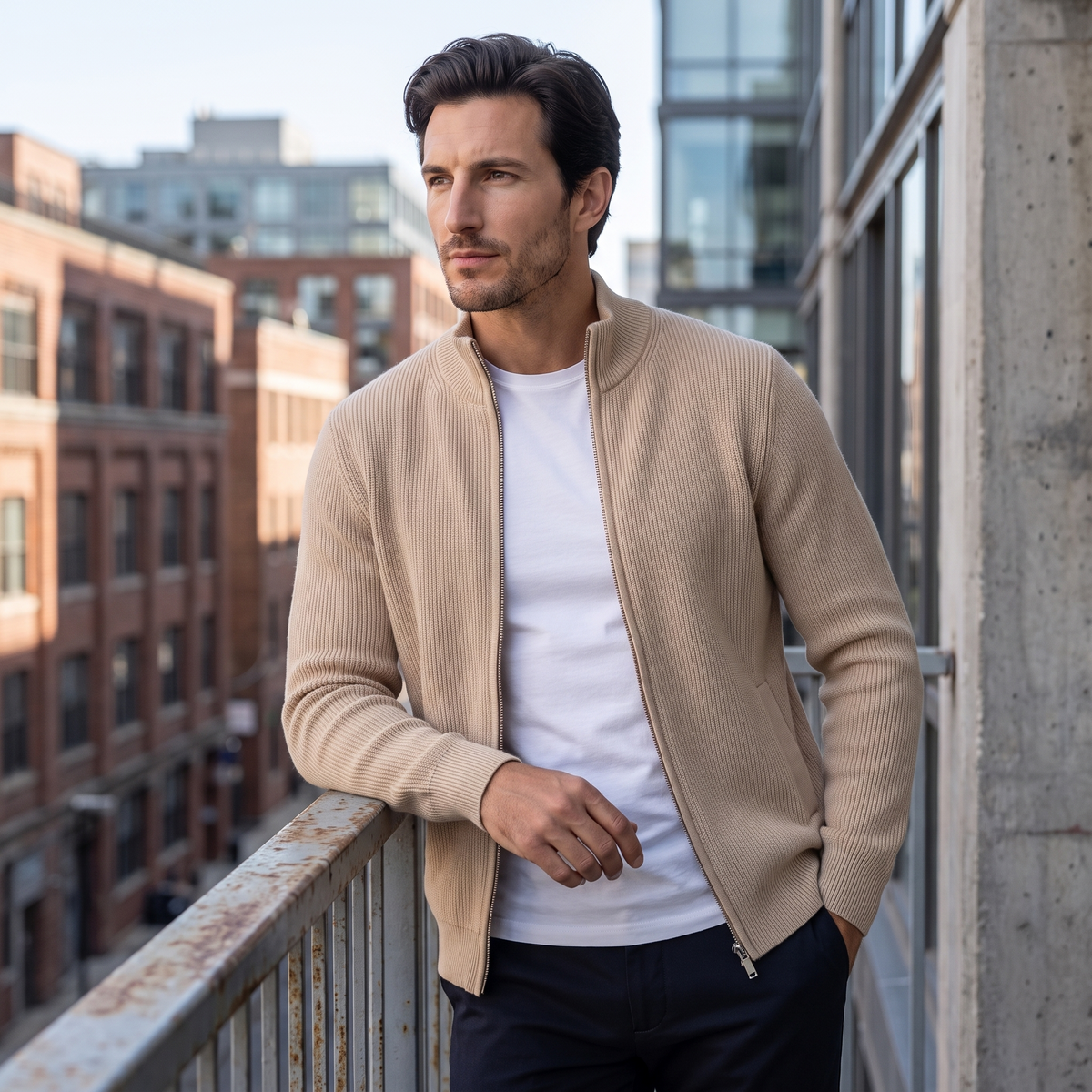 Men's Ribbed Knit Full-Zip Cardigan Relaxed Fit Long Sleeve Casual Layering