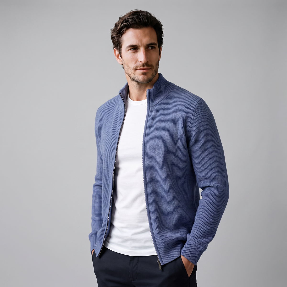 Men's Ribbed Knit Full-Zip Cardigan Relaxed Fit Long Sleeve Casual Layering