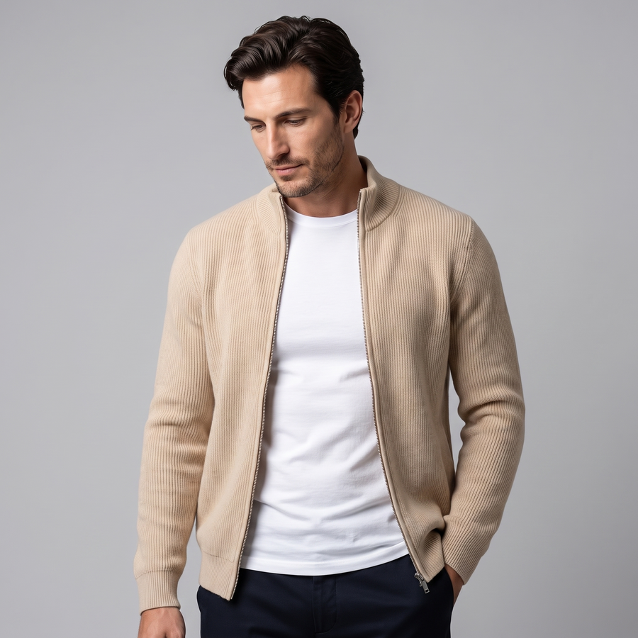 Men's Ribbed Knit Full-Zip Cardigan Relaxed Fit Long Sleeve Casual Layering