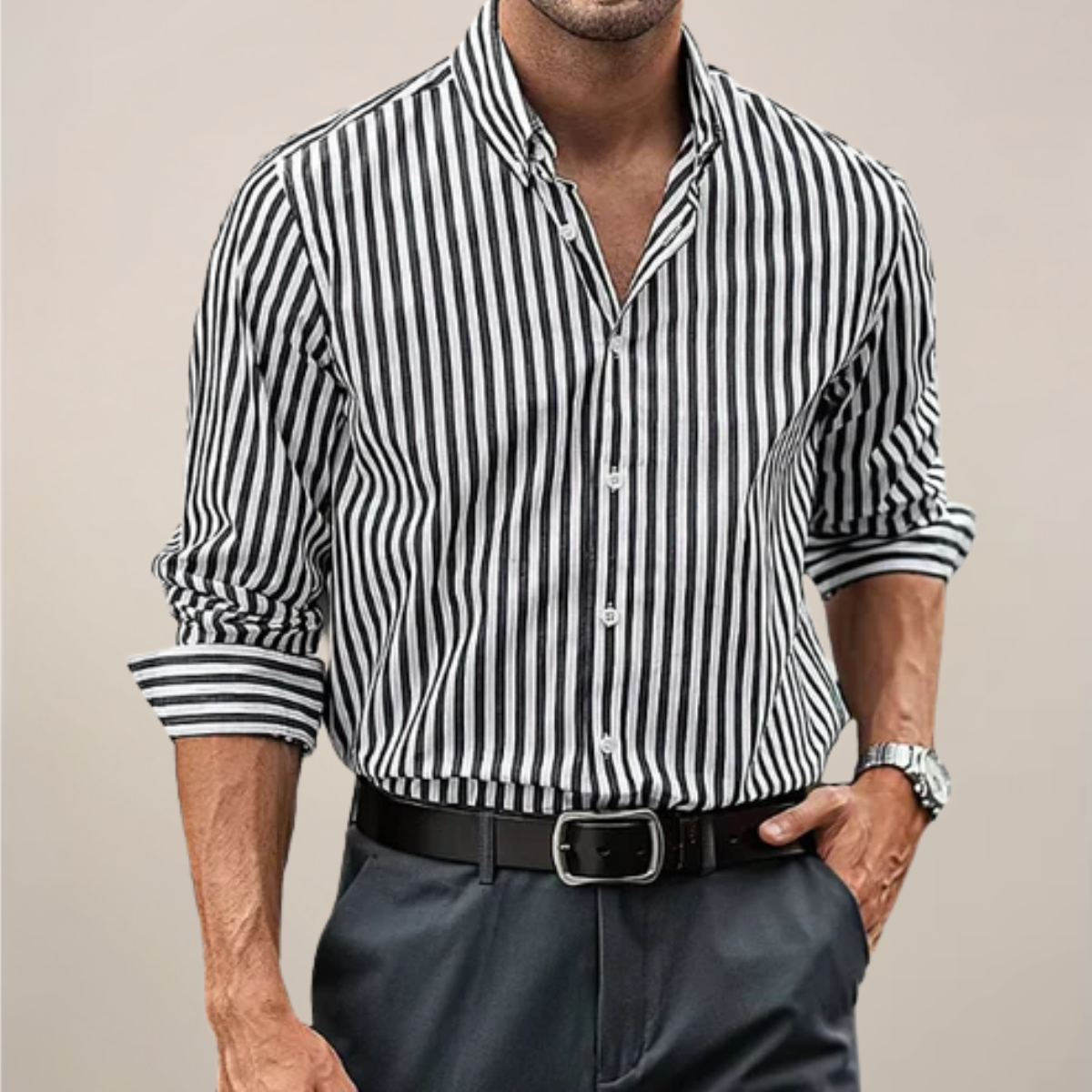 Men's Long Sleeve Striped Shirt Classic Fit Collared Button-Up Casual Everyday