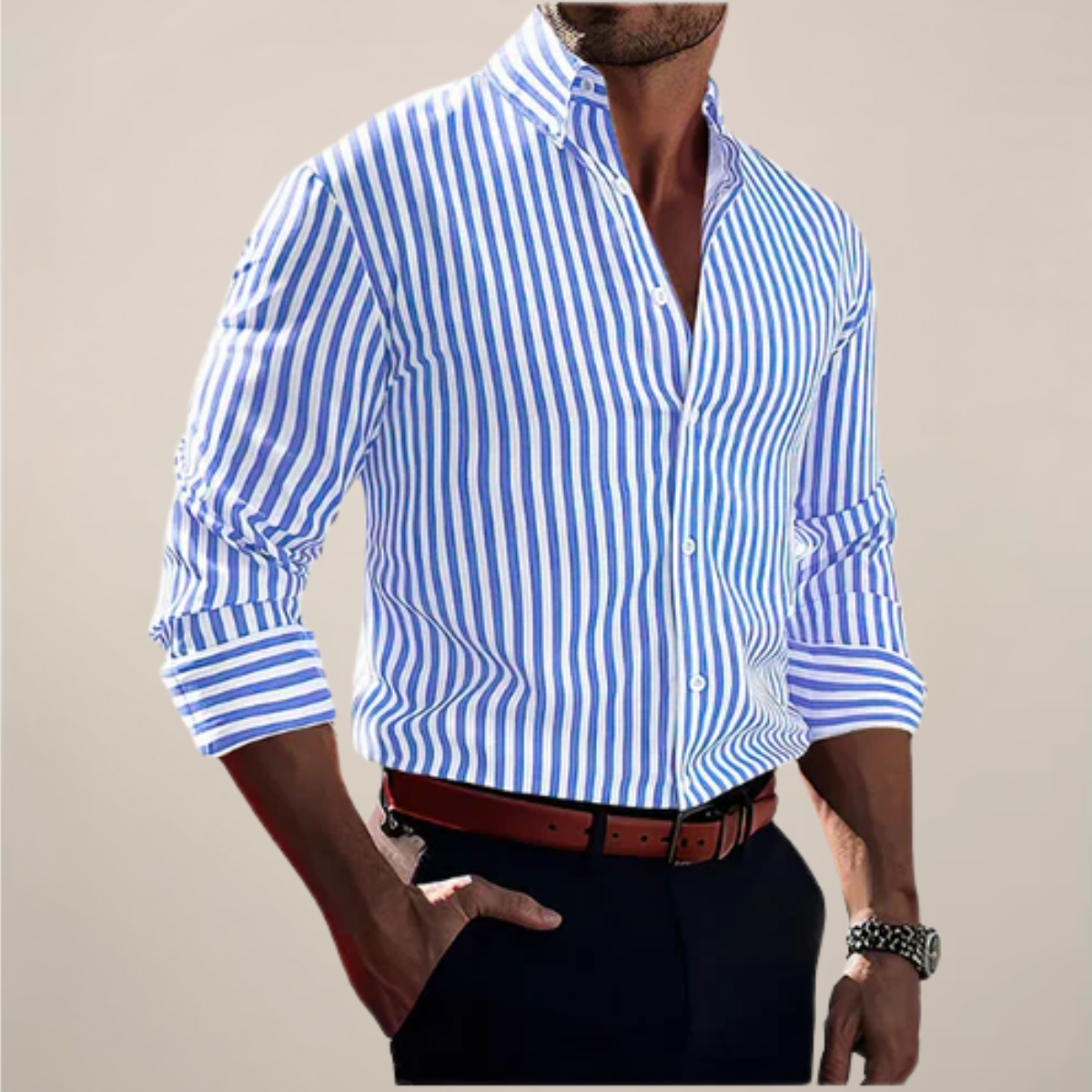 Men's Long Sleeve Striped Shirt Classic Fit Collared Button-Up Casual Everyday