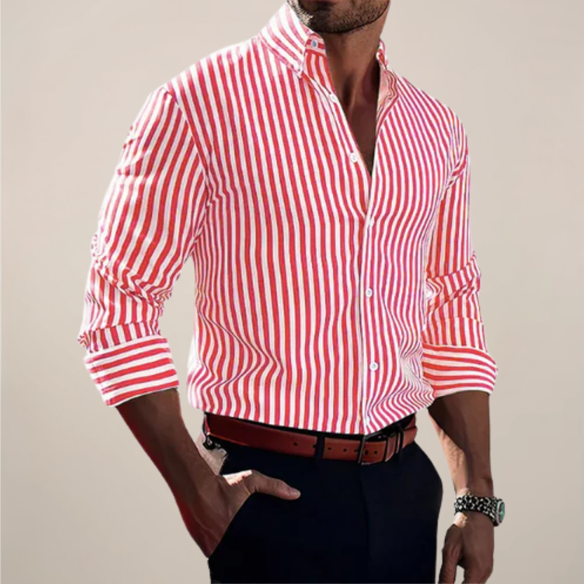 Men's Long Sleeve Striped Shirt Classic Fit Collared Button-Up Casual Everyday