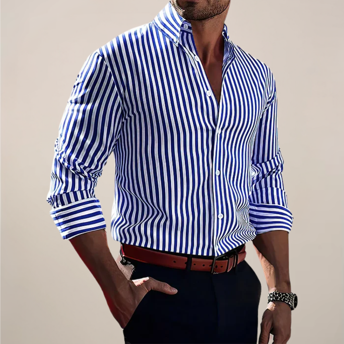 Men's Long Sleeve Striped Shirt Classic Fit Collared Button-Up Casual Everyday