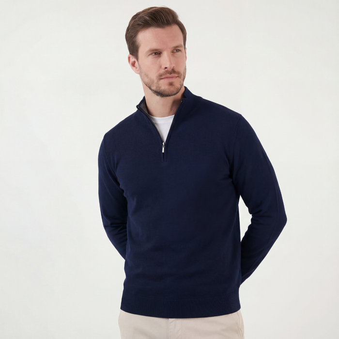 Men's Half Zip Jumper with Raised Collar in Navy