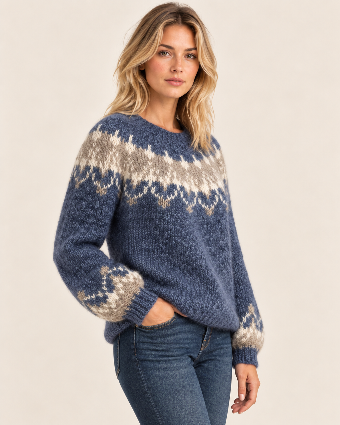 Women's Nordic Fair Isle Jumper with Patterned Yoke in Blue, three quarter view