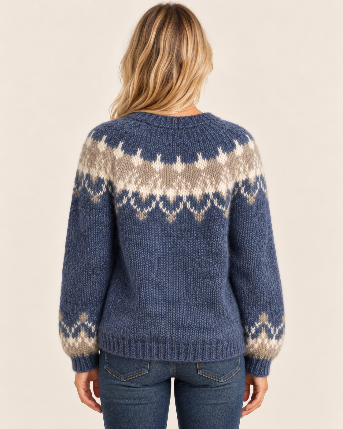 Women's Nordic Fair Isle Jumper with Patterned Yoke in Blue, back view
