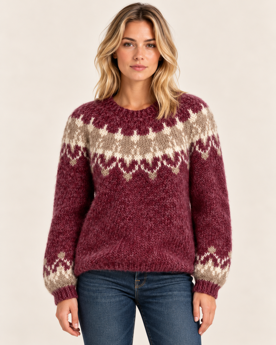 Women's Nordic Fair Isle Jumper with Patterned Yoke in Burgundy