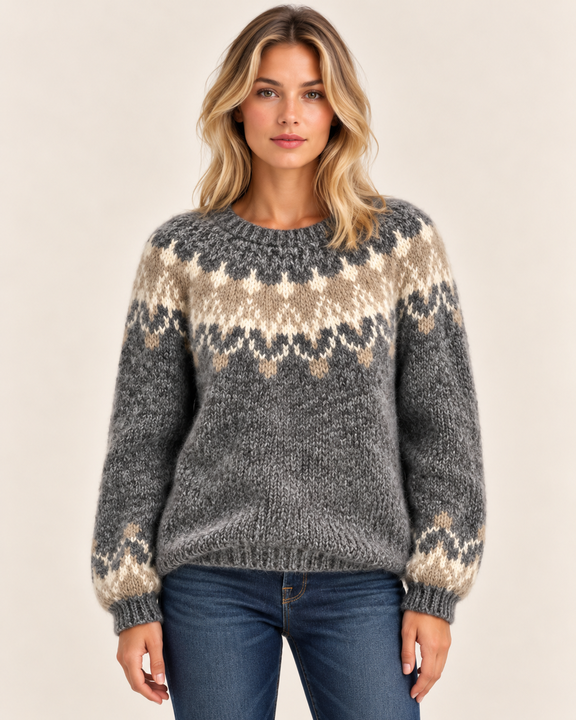 Women's Nordic Fair Isle Jumper with Patterned Yoke in Light Grey