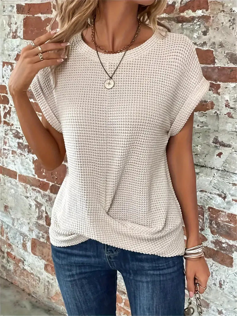 Women's Casual Waffle Knit Tee Short Sleeve Relaxed Fit Everyday Wear