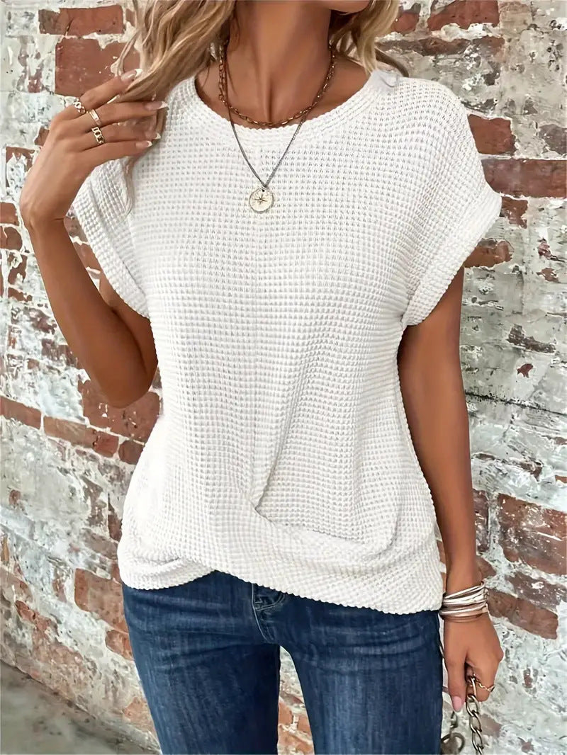 Women's Casual Waffle Knit Tee Short Sleeve Relaxed Fit Everyday Wear