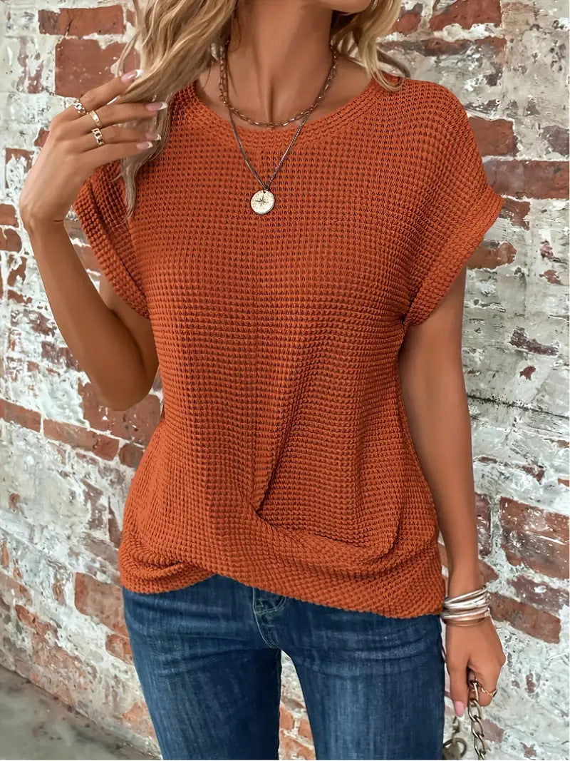 Women's Casual Waffle Knit Tee Short Sleeve Relaxed Fit Everyday Wear