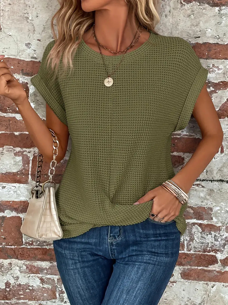 Women's Casual Waffle Knit Tee Short Sleeve Relaxed Fit Everyday Wear