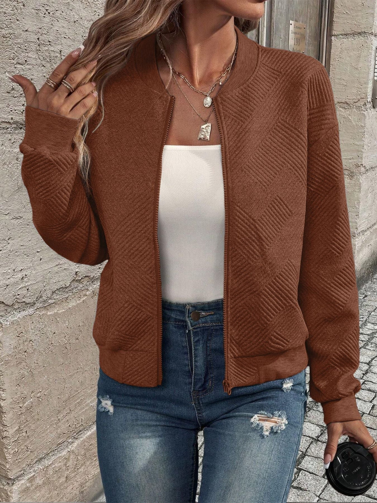 Women's Casual Zip-Up Cardigan Patterned Front Relaxed Fit Everyday Wear
