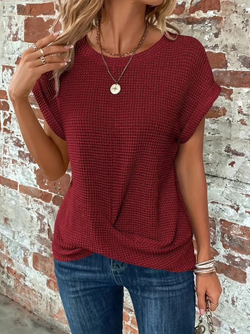 Women's Casual Waffle Knit Tee Short Sleeve Relaxed Fit Everyday Wear