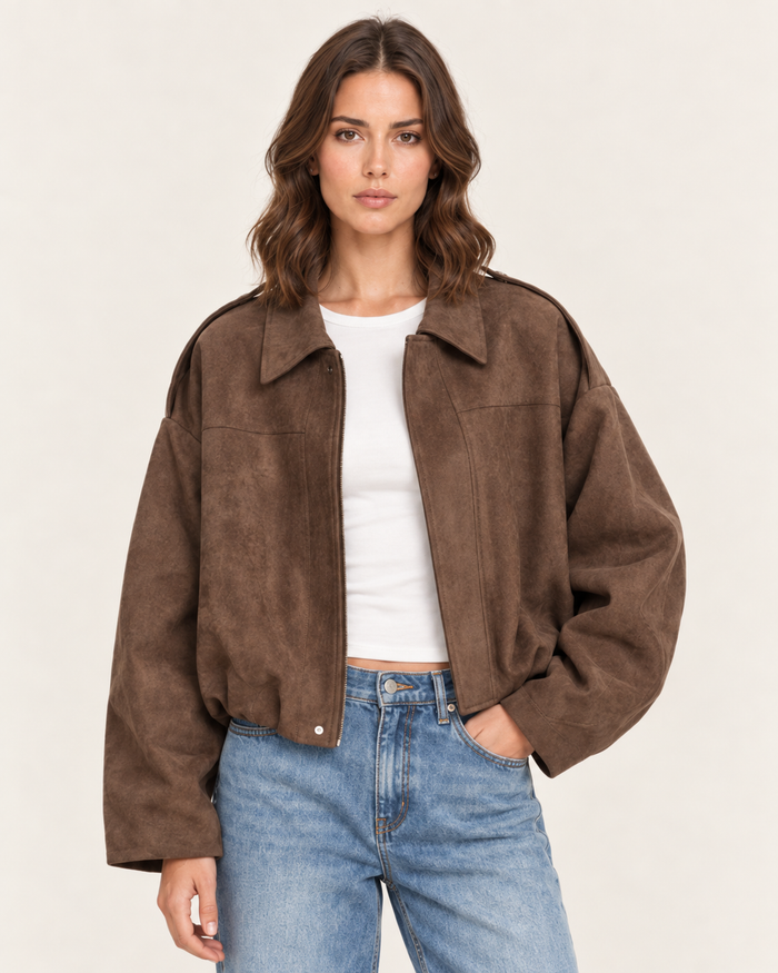 Women's Oversized Cropped Faux Suede Jacket with Zip Front in Brown