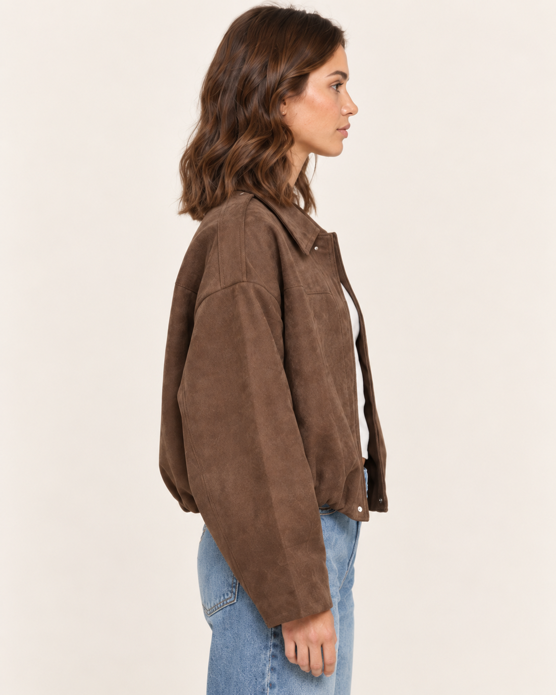 Women's Oversized Cropped Faux Suede Jacket with Zip Front
