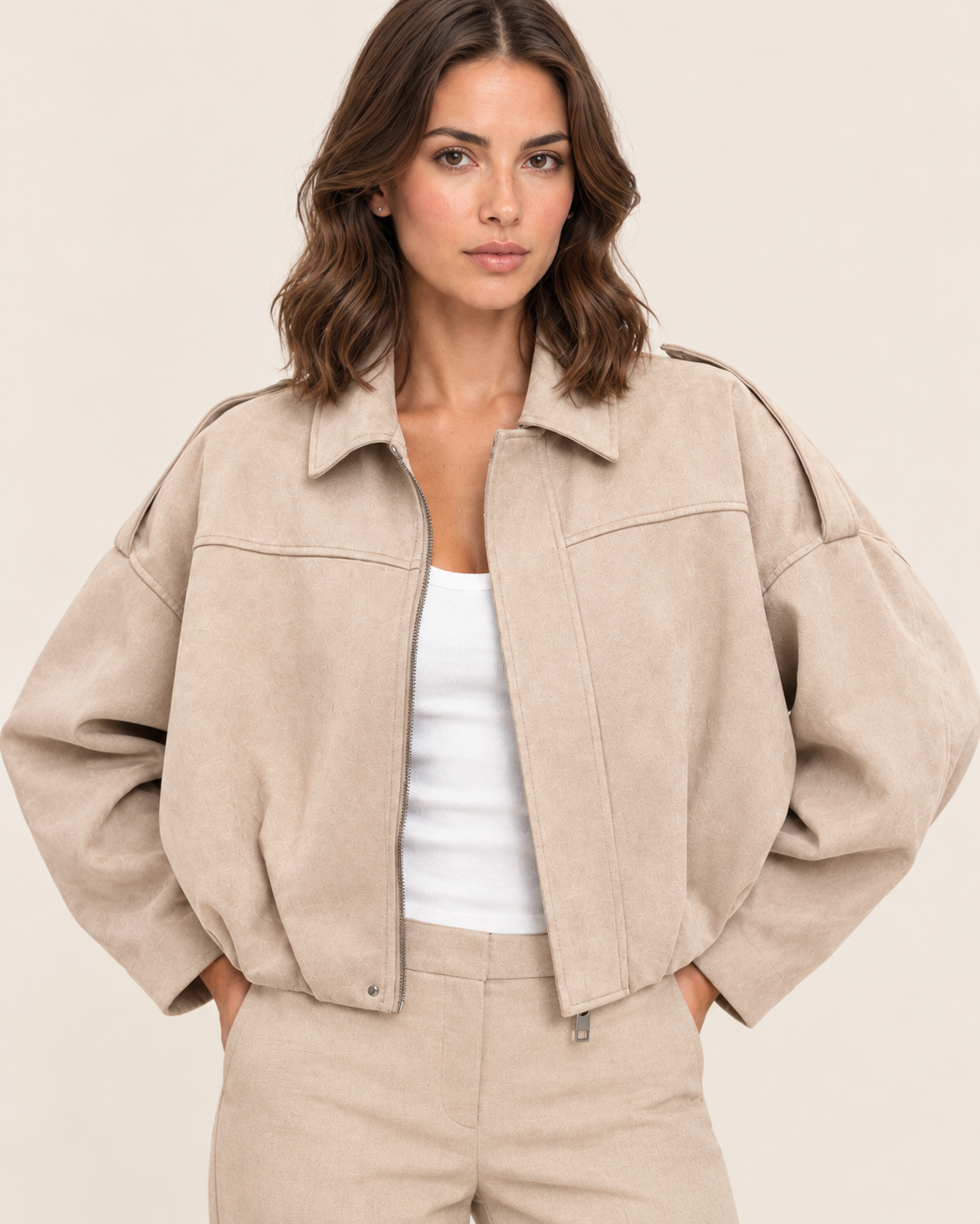 Women's Oversized Cropped Faux Suede Jacket with Zip Front in Beige