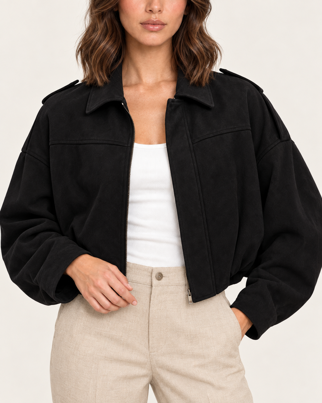 Women's Oversized Cropped Faux Suede Jacket with Zip Front in Black