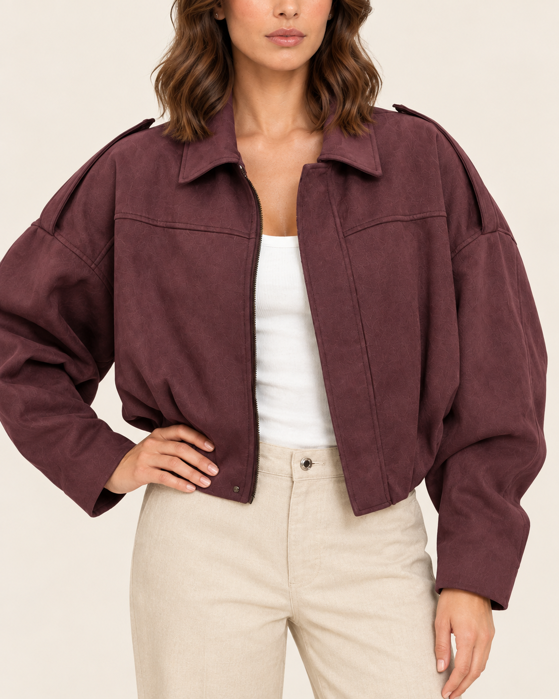 Women's Oversized Cropped Faux Suede Jacket with Zip Front in Burgundy