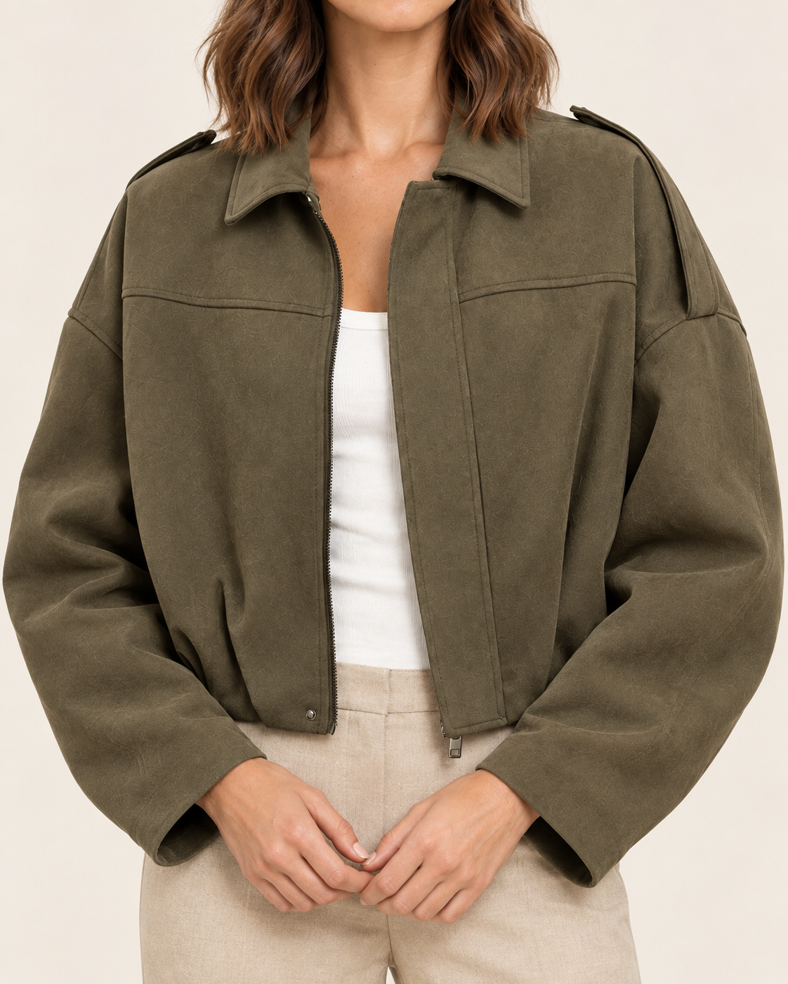 Women's Oversized Cropped Faux Suede Jacket with Zip Front in Green