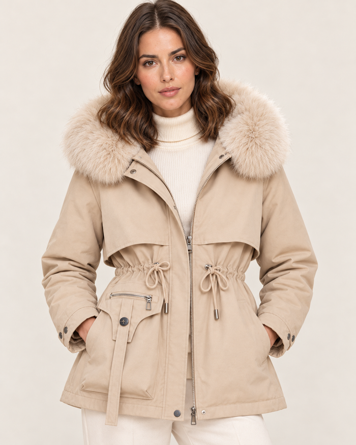 Women's Padded Winter Coat with Fur-Style Hood Trim in Beige