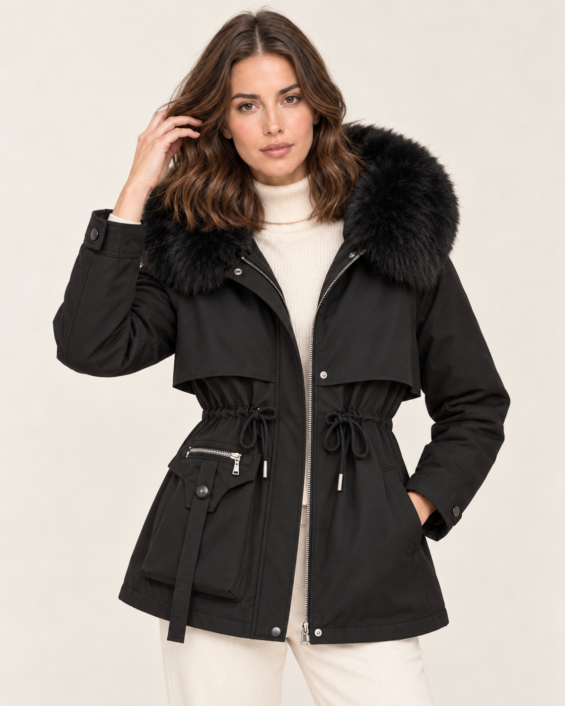 Women's Padded Winter Coat with Fur-Style Hood Trim in Black