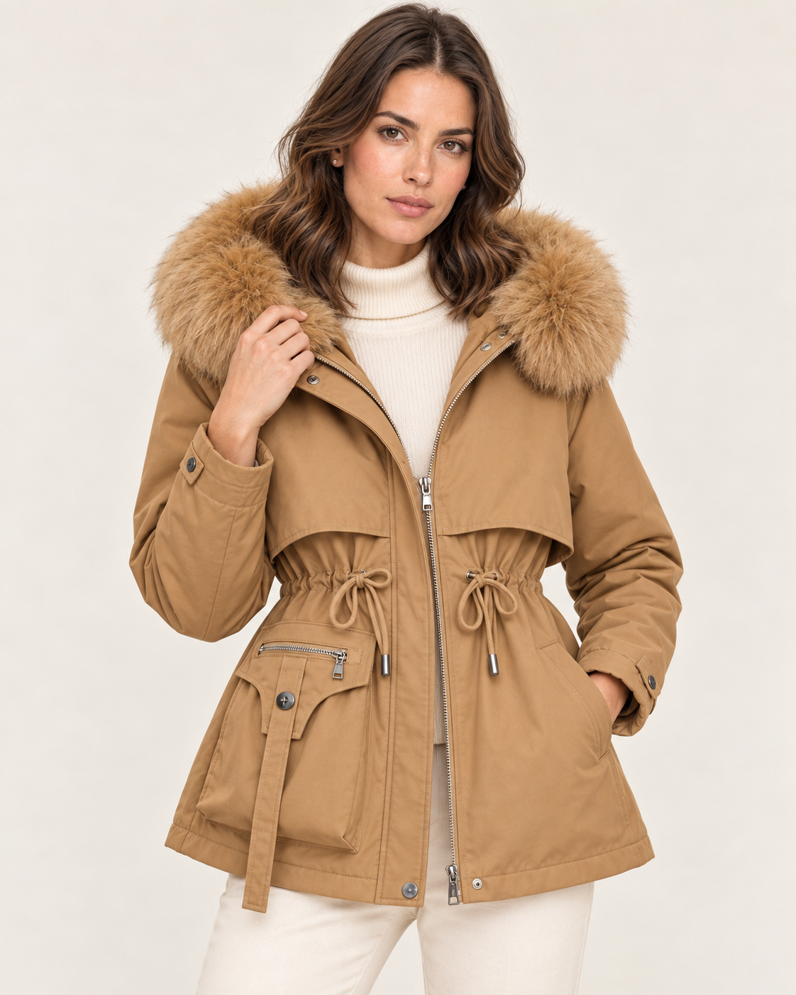 Women's Padded Winter Coat with Fur-Style Hood Trim in Brown