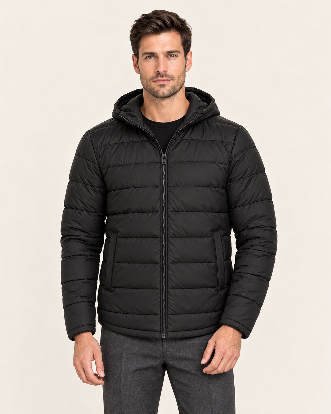 Men's Lightweight Quilted Hooded Puffer Jacket in Black in Black