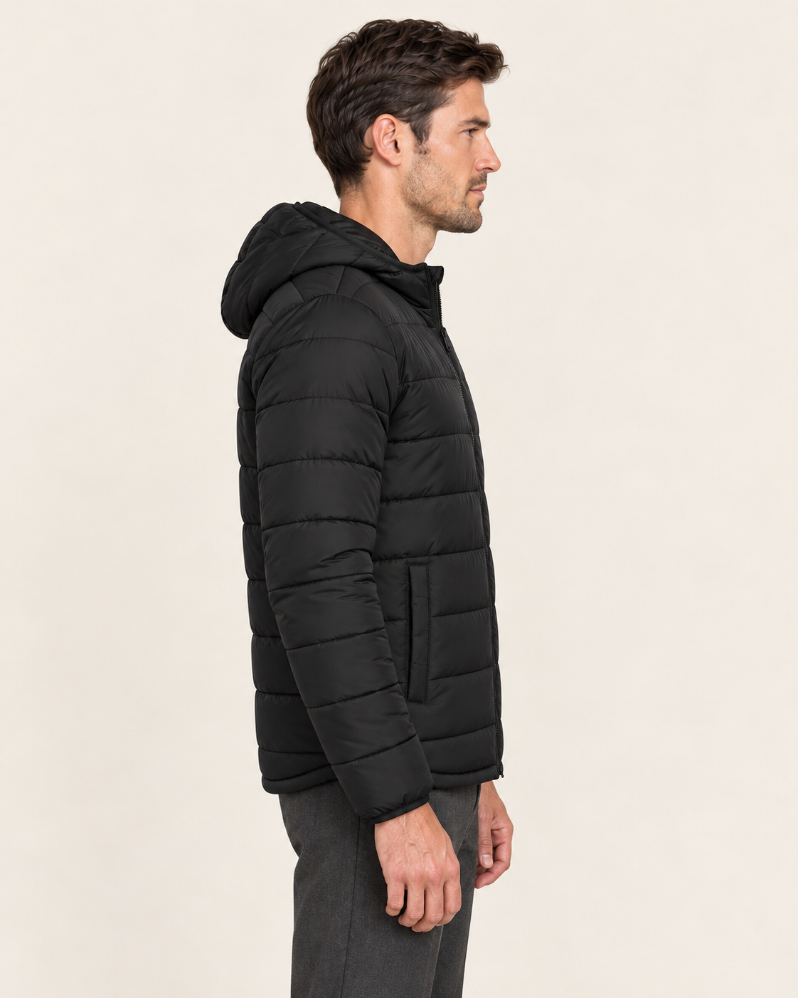 Men's Lightweight Quilted Hooded Puffer Jacket in Black in Black, side view