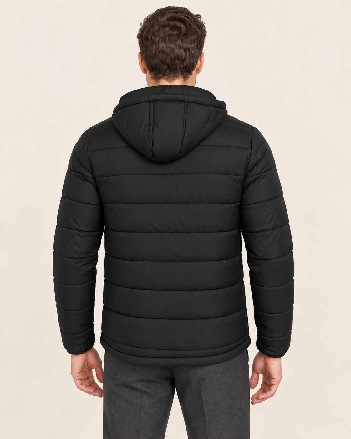 Men's Lightweight Quilted Hooded Puffer Jacket in Black in Black, back view