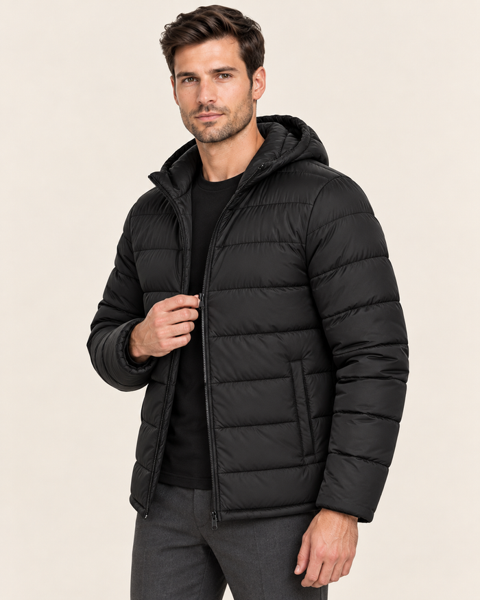 Men's Lightweight Quilted Hooded Puffer Jacket in Black in Black, front open
