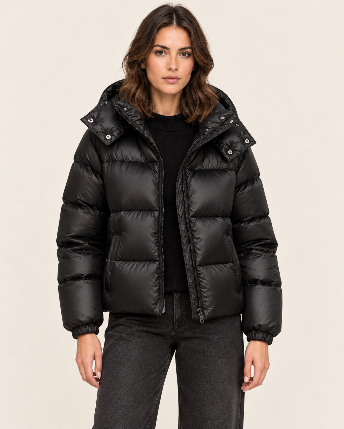 Women's Cropped Glossy Puffer Jacket with Hood in Black