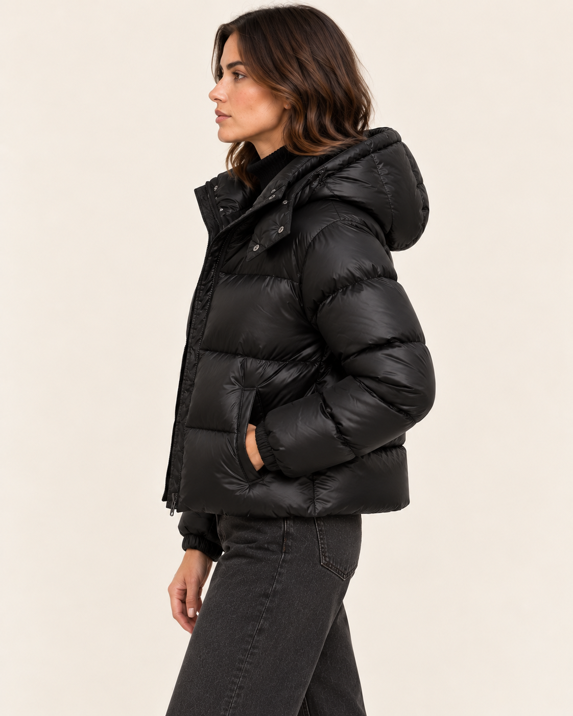 Women's Cropped Glossy Puffer Jacket with Hood in Black, side view