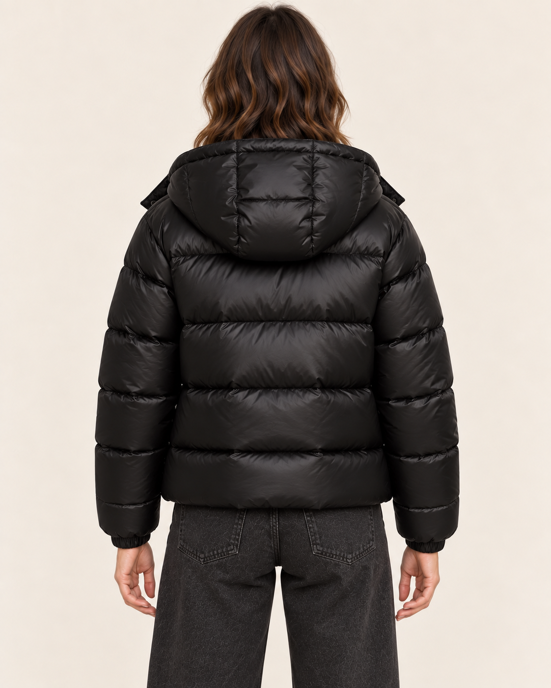Women's Cropped Glossy Puffer Jacket with Hood in Black, back view