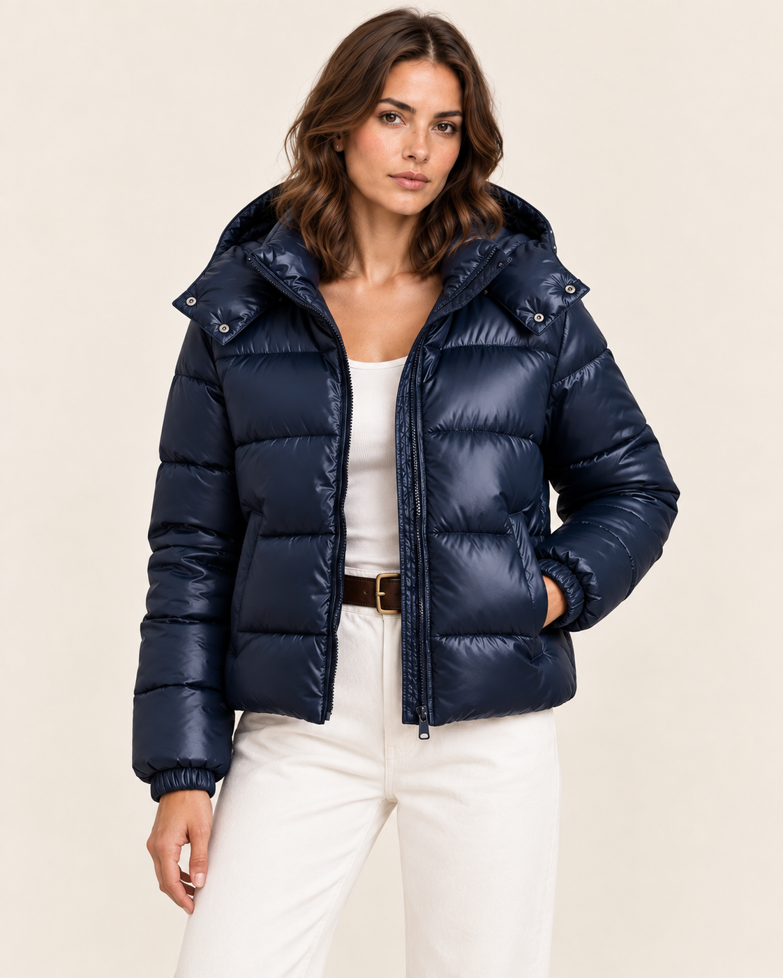 Women's Cropped Glossy Puffer Jacket with Hood in Navy