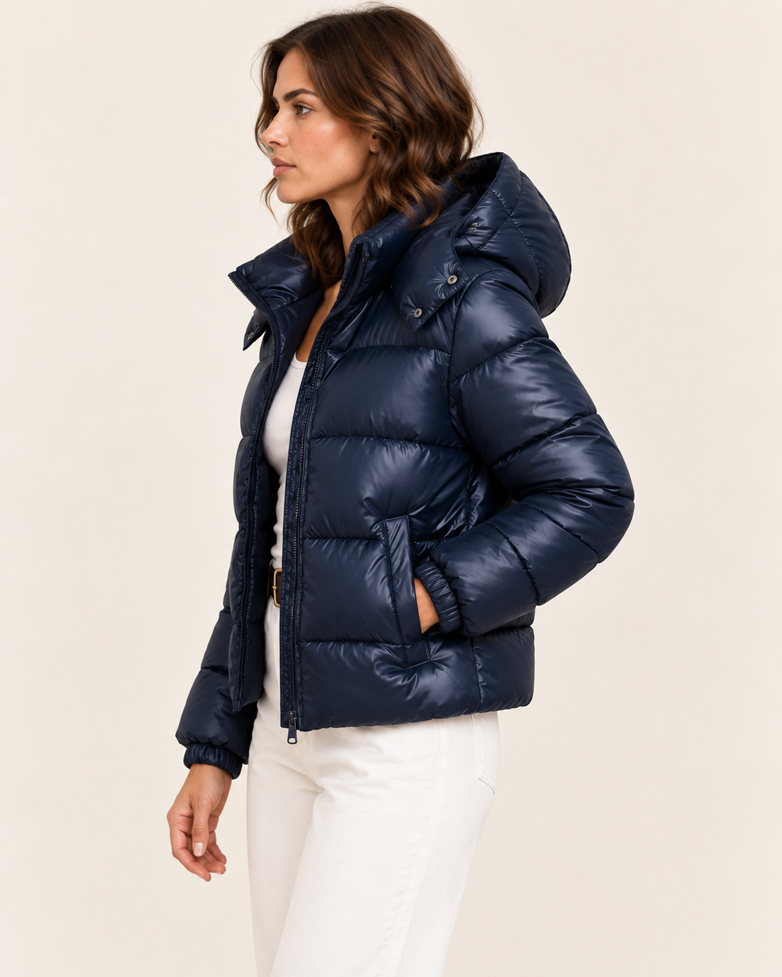 Women's Cropped Glossy Puffer Jacket with Hood in Navy, side view