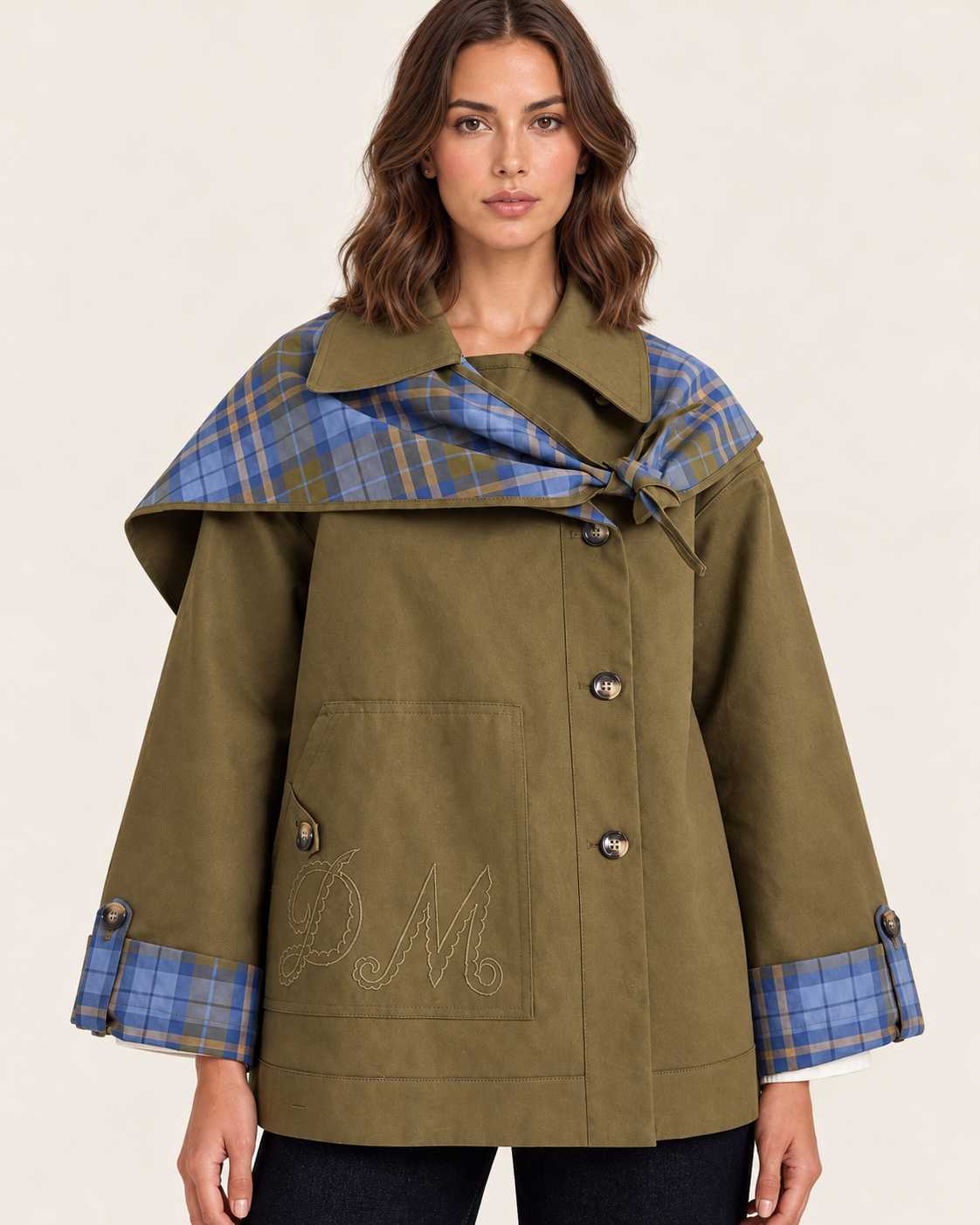 Women's Reversible Check Jacket with Cape Collar in Green