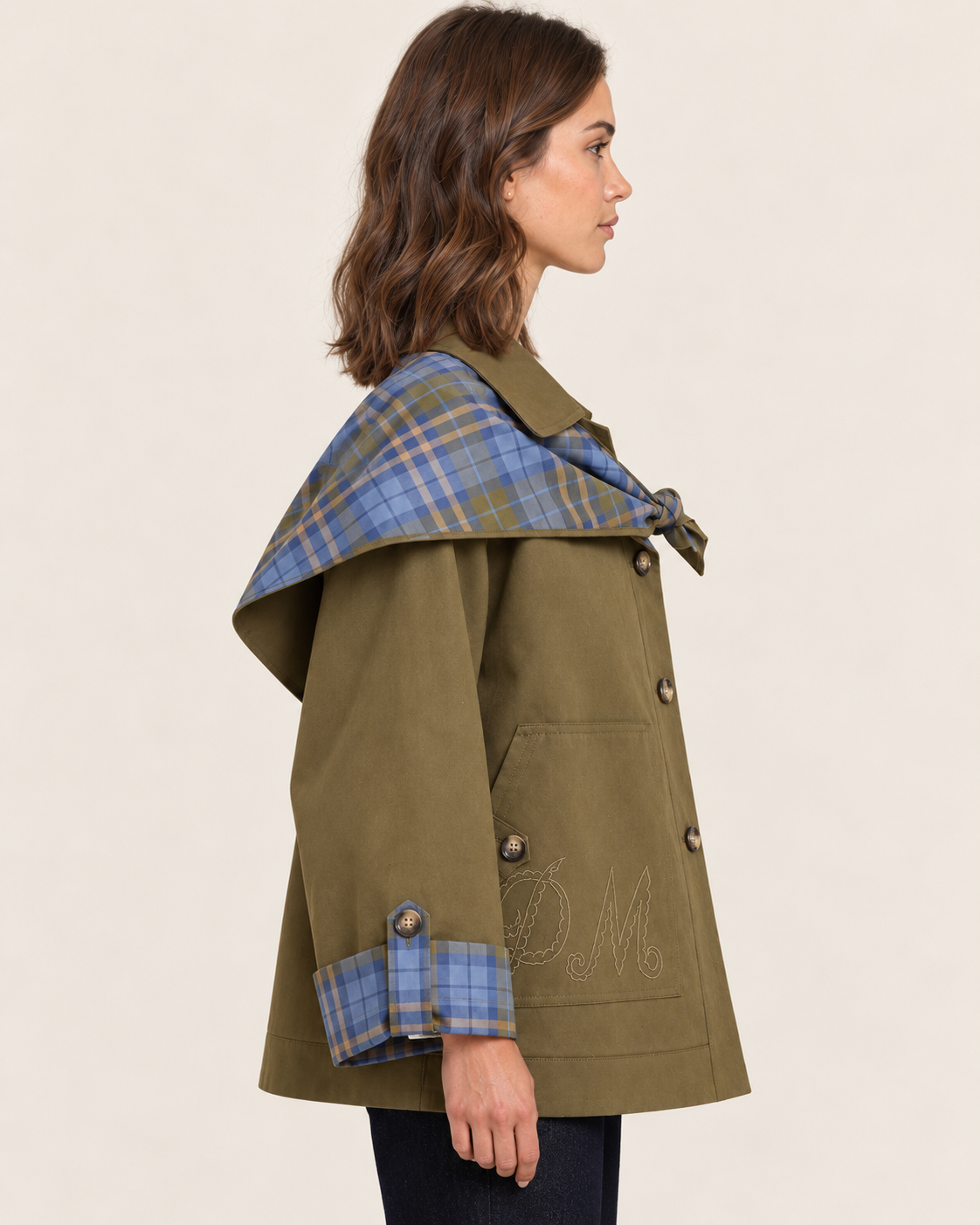 Women's Reversible Check Jacket with Cape Collar