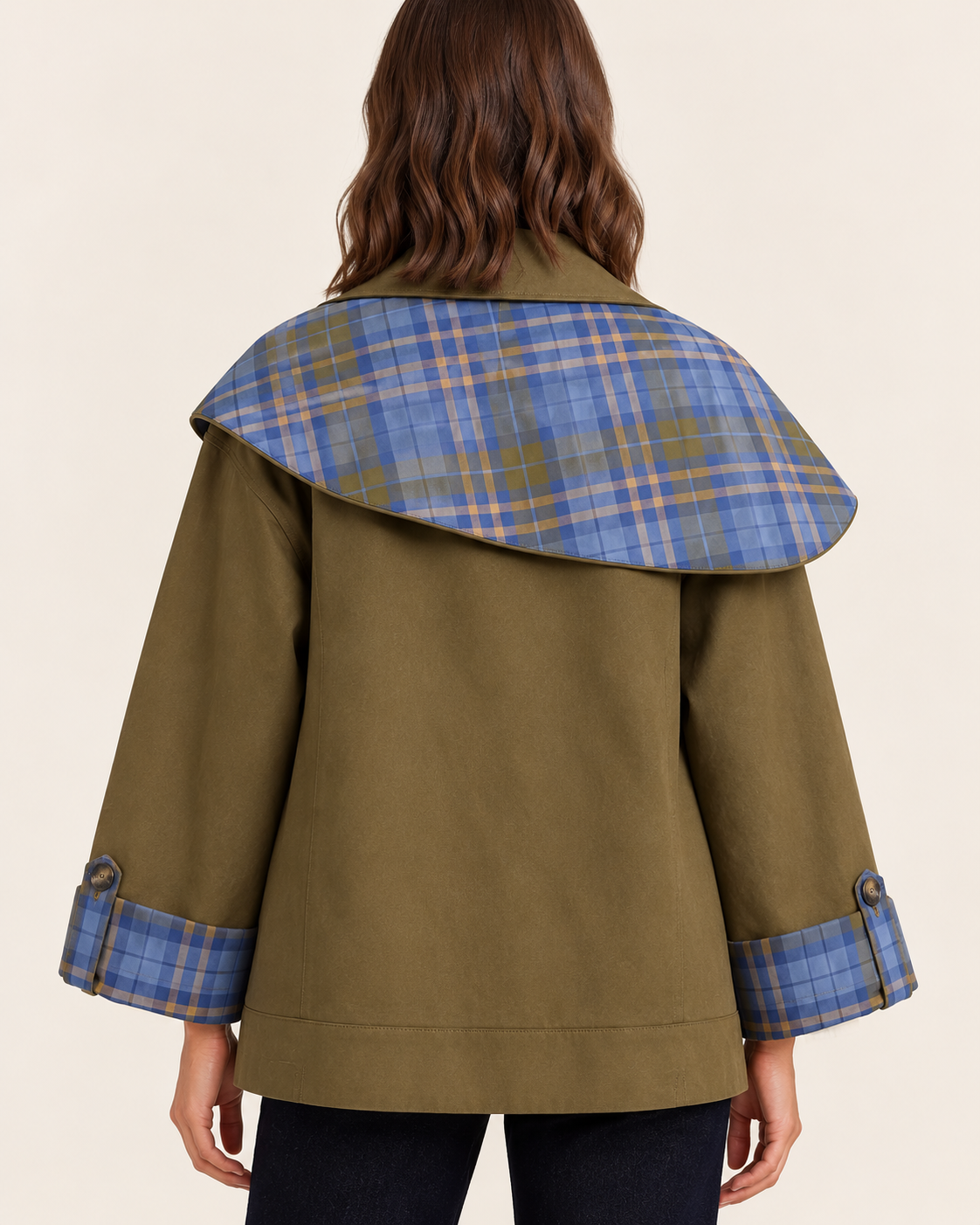 Women's Reversible Check Jacket with Cape Collar