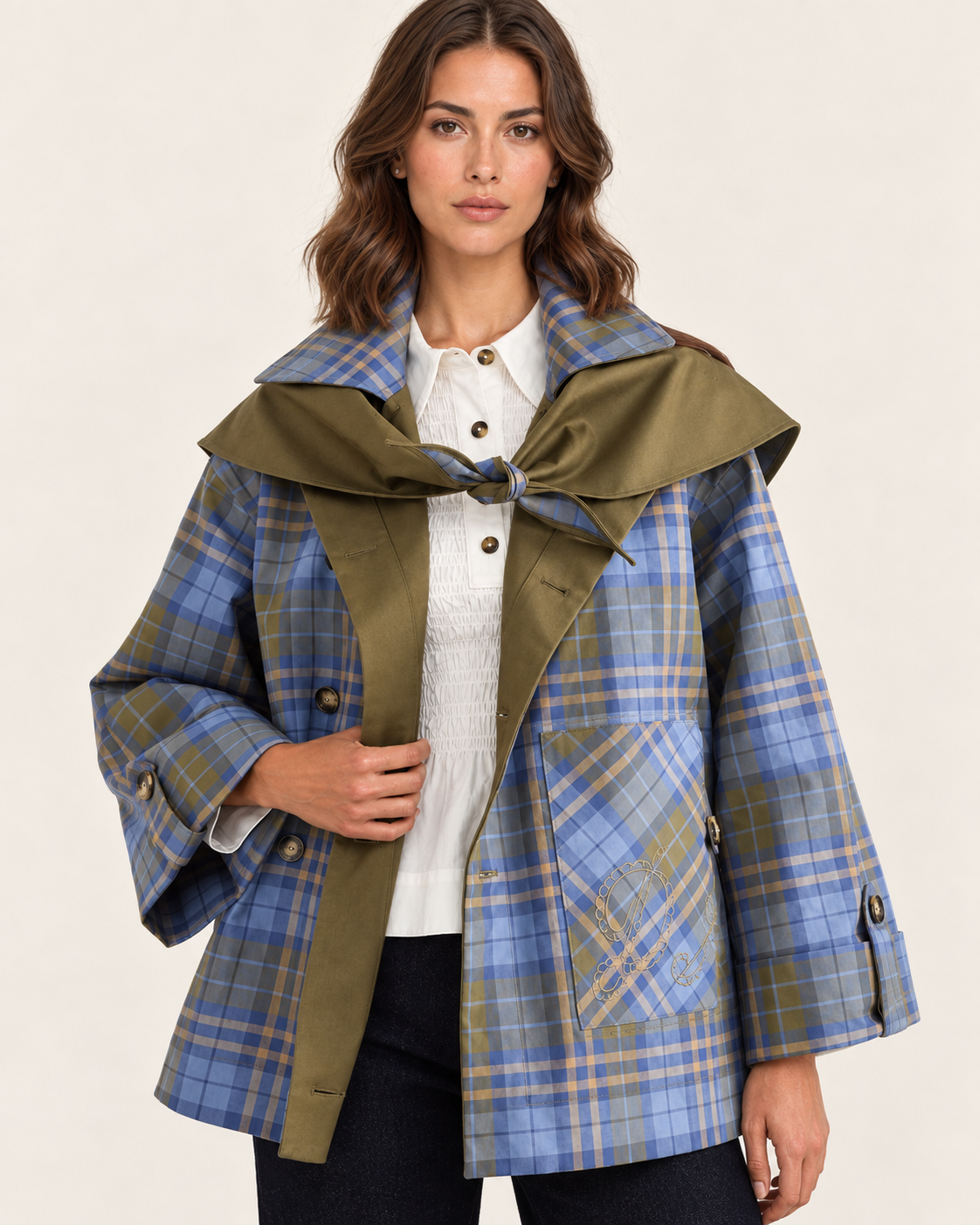 Women's Reversible Check Jacket with Cape Collar