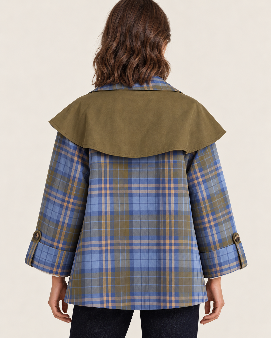 Women's Reversible Check Jacket with Cape Collar