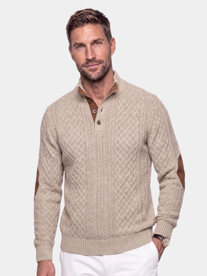 Men's Cable Knit Button Neck Jumper with Elbow Patches in Beige