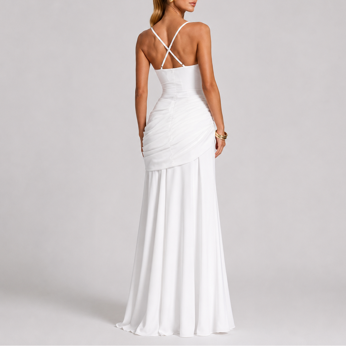 Women's Elegant Ruched Maxi Dress Sleeveless V-Neck Fitted Evening Occasion
