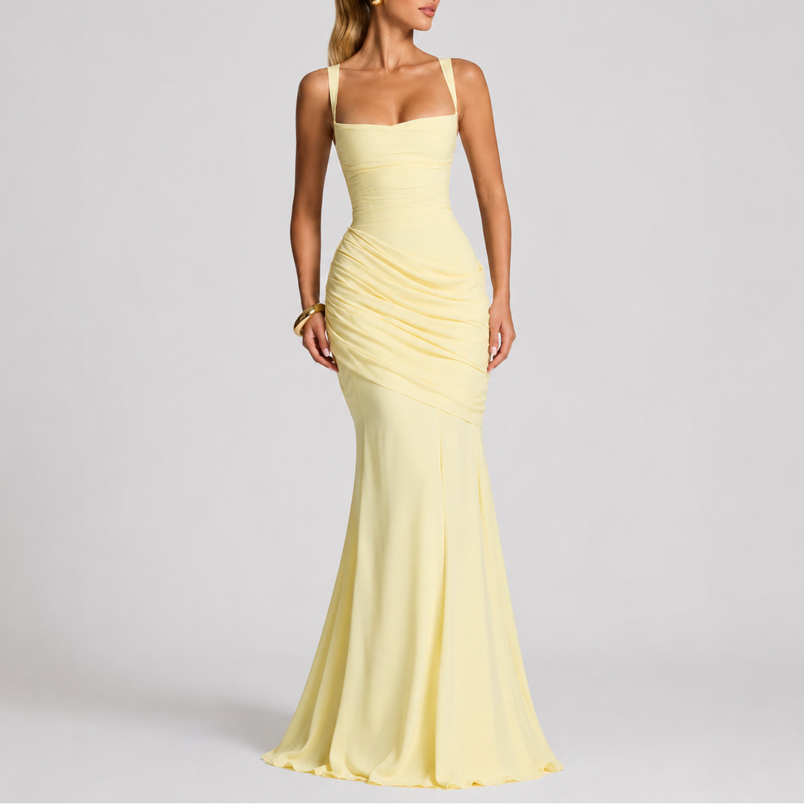 Women's Elegant Ruched Maxi Dress Sleeveless V-Neck Fitted Evening Occasion
