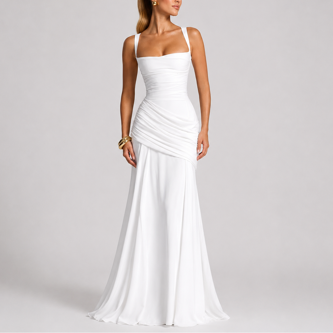 Women's Elegant Ruched Maxi Dress Sleeveless V-Neck Fitted Evening Occasion