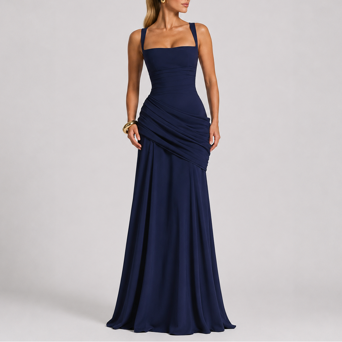 Women's Elegant Ruched Maxi Dress Sleeveless V-Neck Fitted Evening Occasion